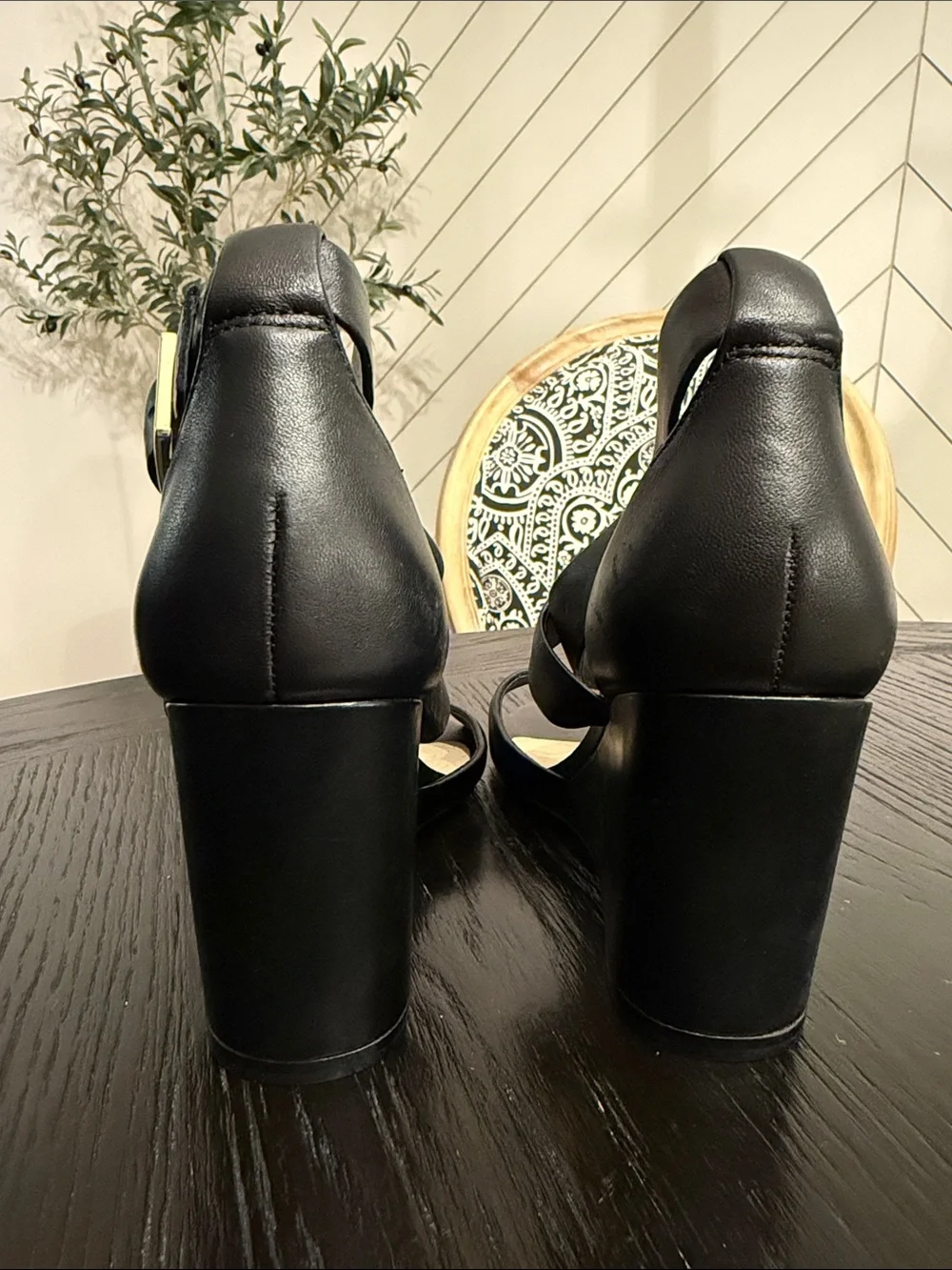 Karl Lagerfeld Black Leather Wedge Sandals with Buckle Strap
